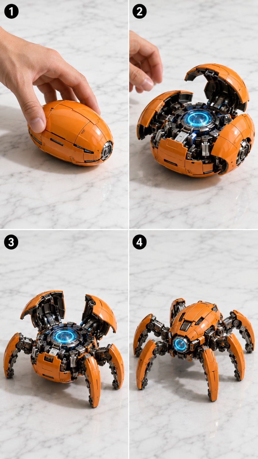 Small Orange Robot Capsule Transforming into a Mechanical Spider-Like Robot AI video prompt