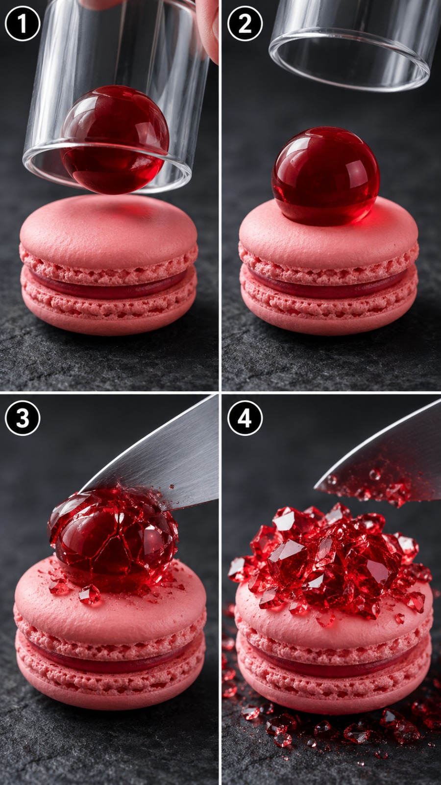 Luxury Pink Macaron With Ruby Crystal Cutting ASMR Macro Video AI video prompt