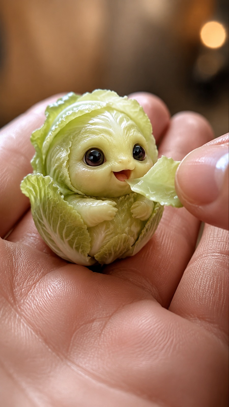 Tiny Cabbage Baby Character Eating a Leaf AI video prompt