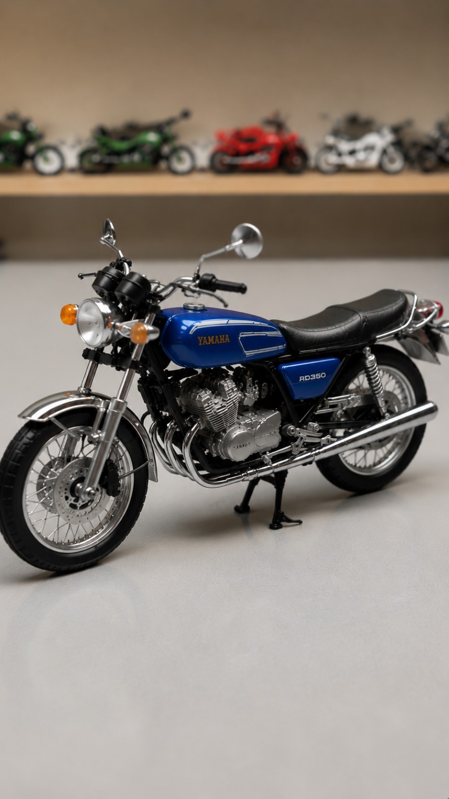 Blue Yamaha RD350 Scale Model Motorcycle Assembly AI video prompt