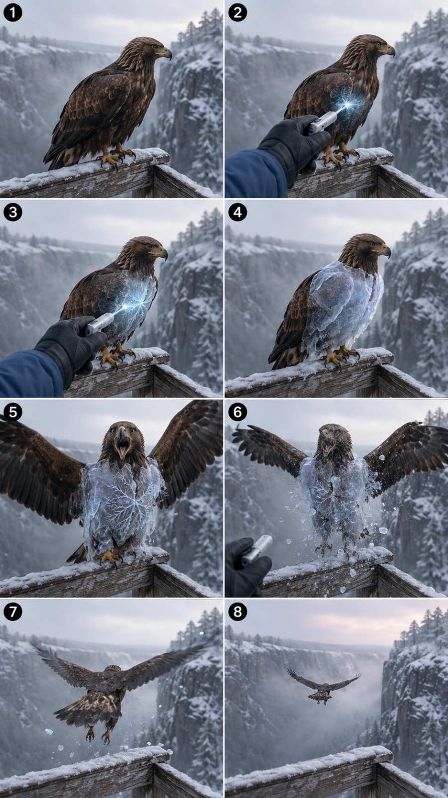 Frozen Eagle Breaks Free and Flies Over a Snowy Mountain Canyon AI video prompt