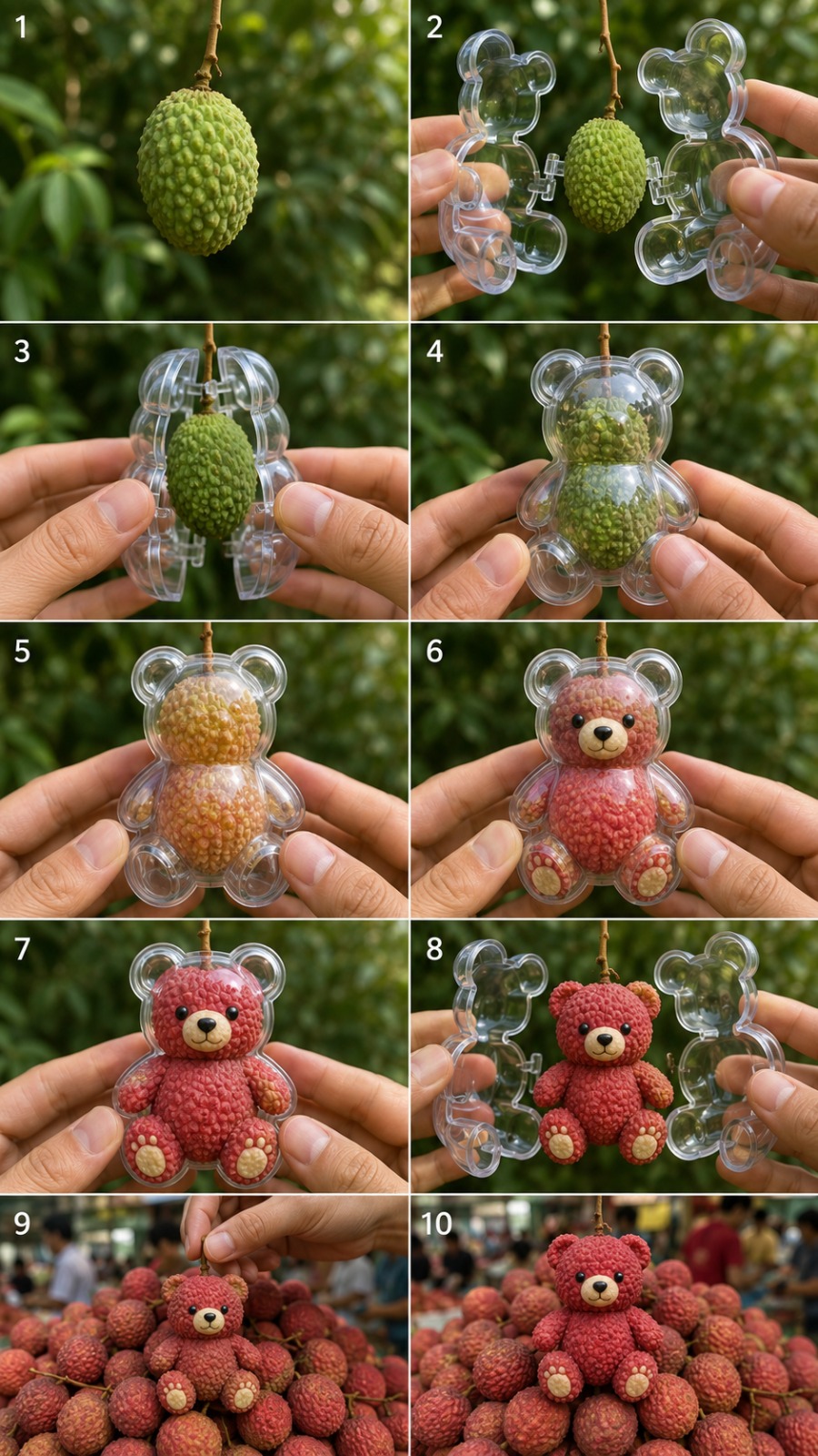 Lychee Teddy Bear Growing Inside a Transparent Fruit Mold AI video prompt