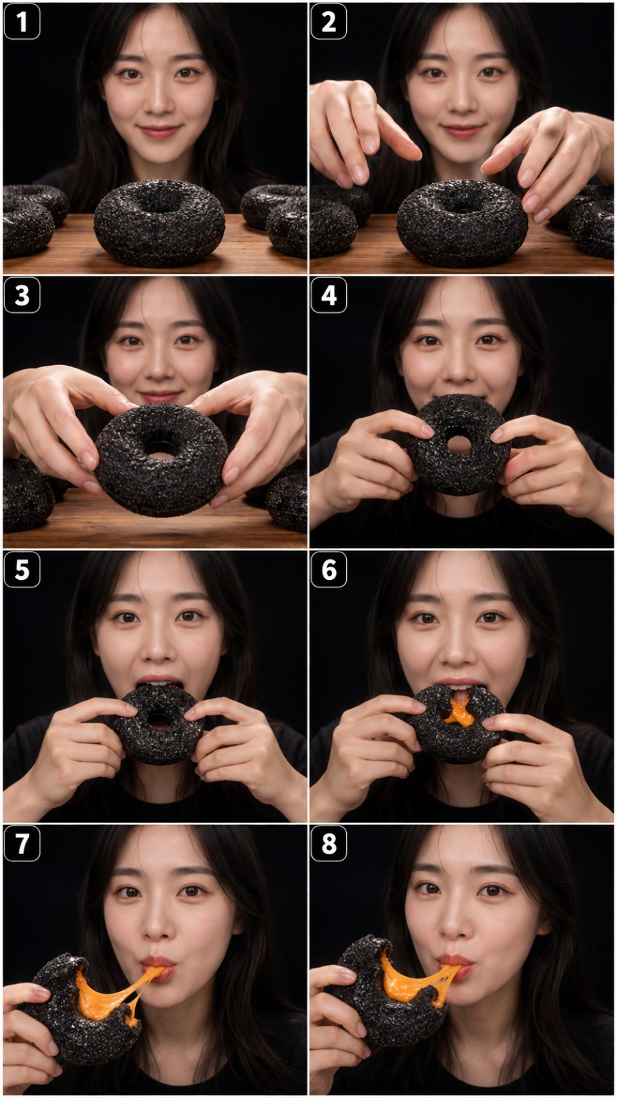 Black Lava Chocolate Volcano Donut ASMR Eating Experience AI video prompt