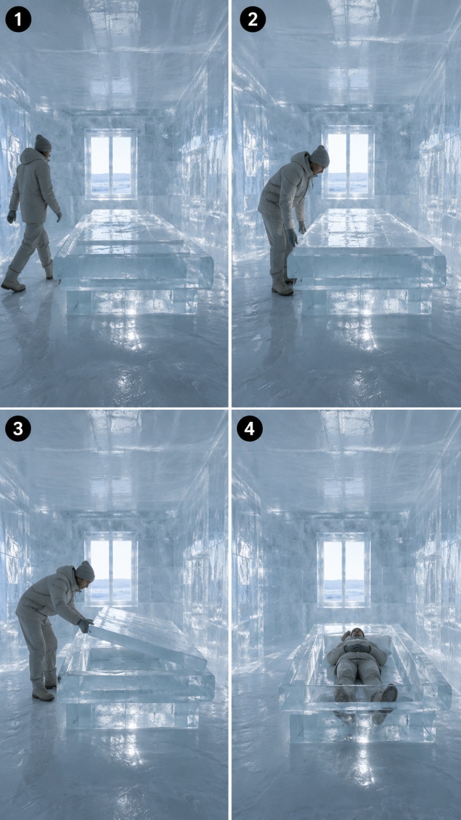 Ice Bedroom Transformation With Human Creating A Frozen Bed Using Ice Blocks AI video prompt