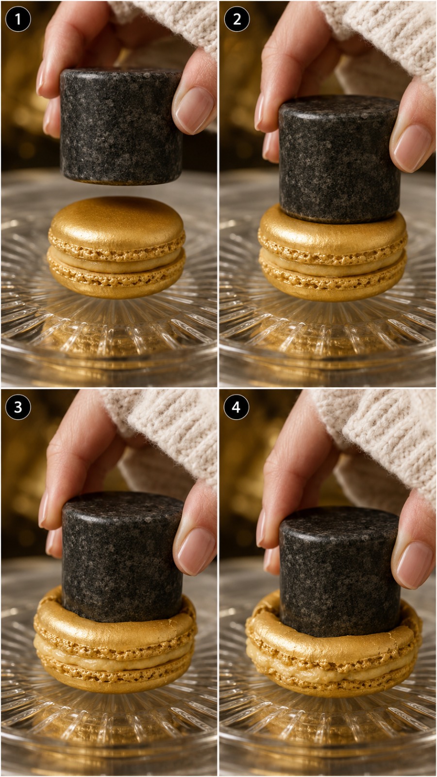 Luxury Gold Macaron Pressed with Textured Stone Roller AI video prompt