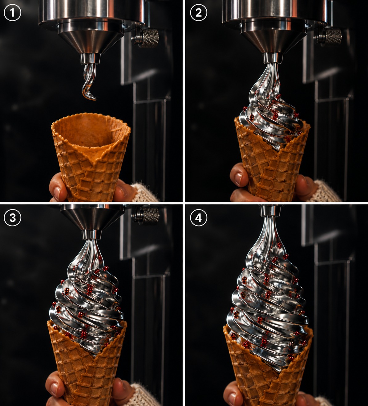AI Video Prompt: Metallic Ice Cream Cone Dispensing Machine ASMR