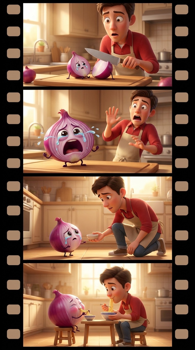 AI Video Prompt: Sad Onion Cartoon Story