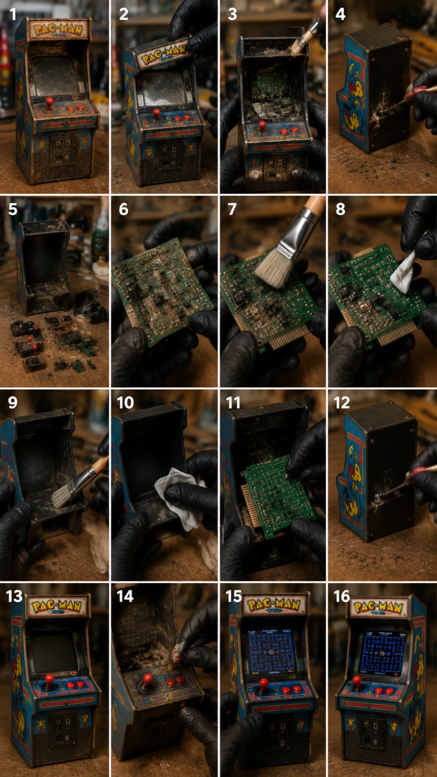 Miniature Retro Arcade Machine Restoration AI video prompt