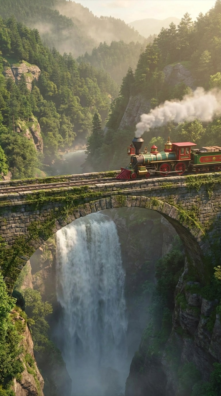 AI Video Prompt: Mountain Waterfall Train