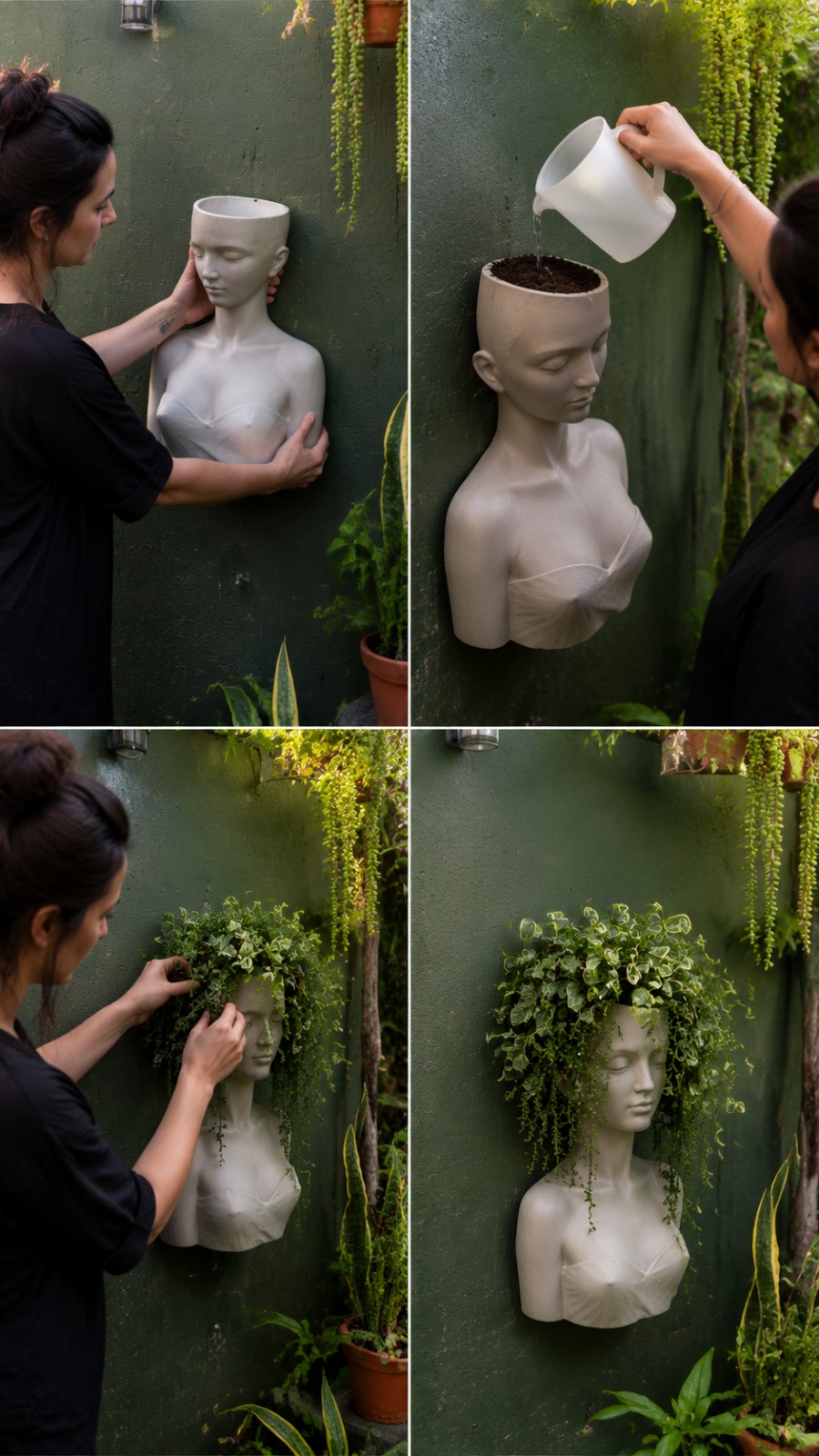 Woman Creating a Living Plant Hair Wall on a Mannequin Head AI video prompt