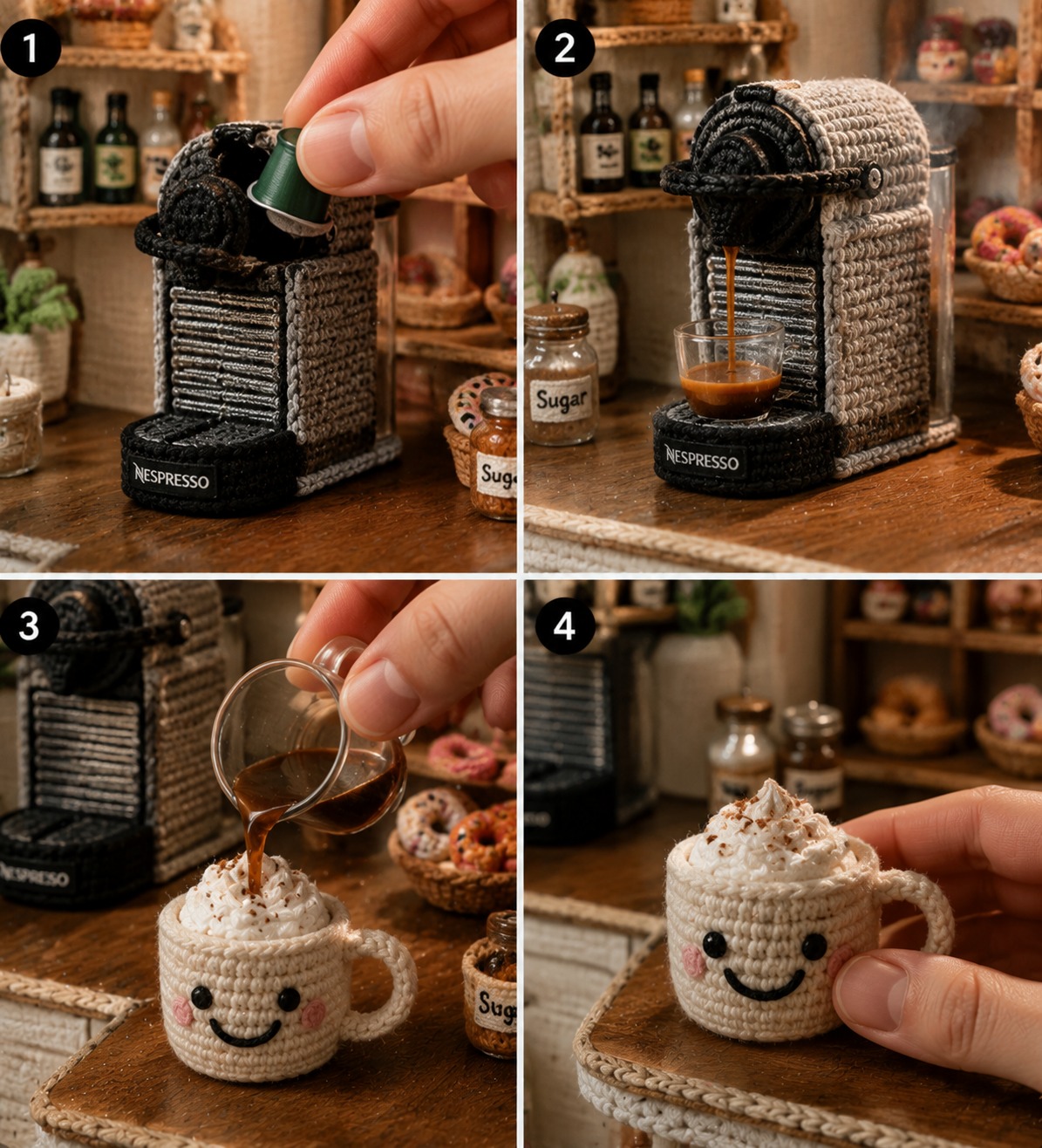 Crochet Mini Coffee Machine Making a Cute Latte in a Tiny Handmade Kitchen AI video prompt
