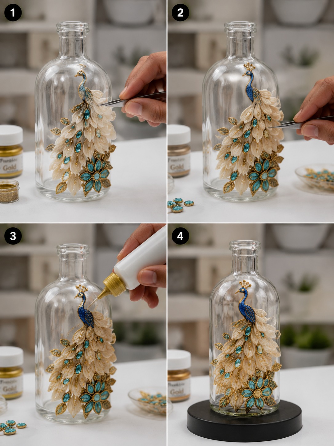 Luxury Peacock Bottle Decoration Craft AI video prompt