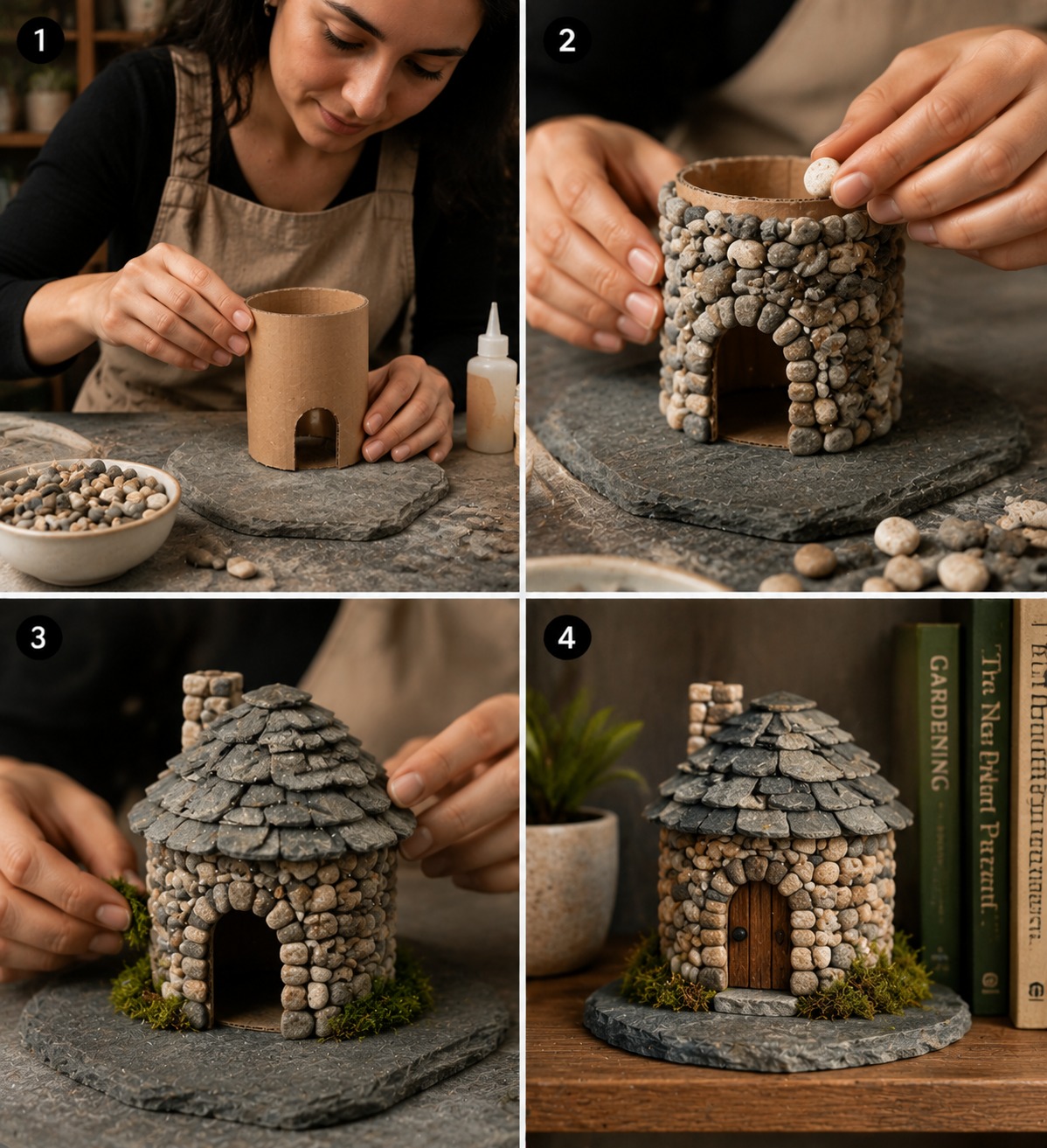 Handcrafted Mini Stone Cottage Creation with Pebble Architecture and Garden Details AI video prompt