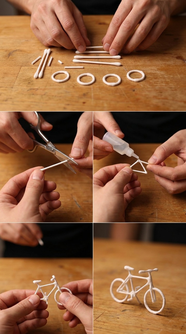 Cotton Swab Mini Bike Craft AI video prompt