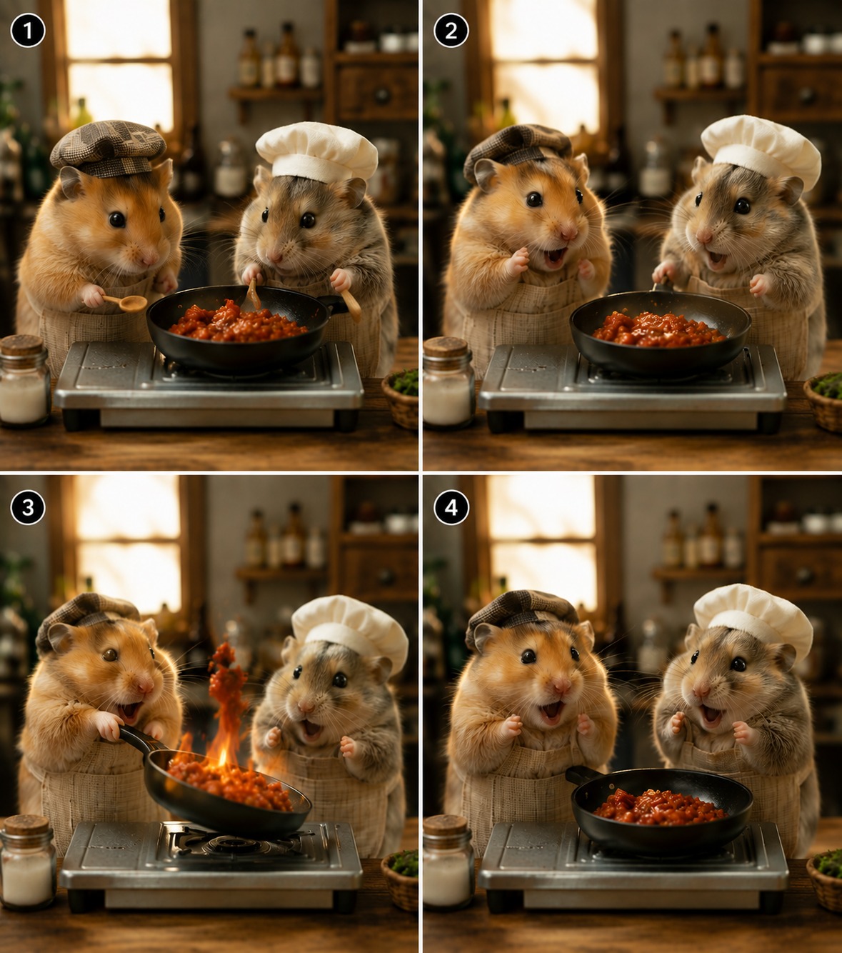Tiny Hamsters Cooking Spicy Food Together in a Mini Kitchen AI video prompt