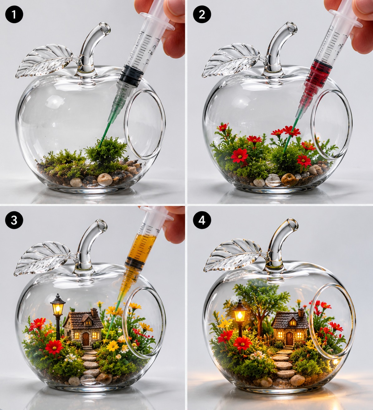 Glass Apple Vase Transformation With Colorful Underwater Flower Garden Creation AI video prompt