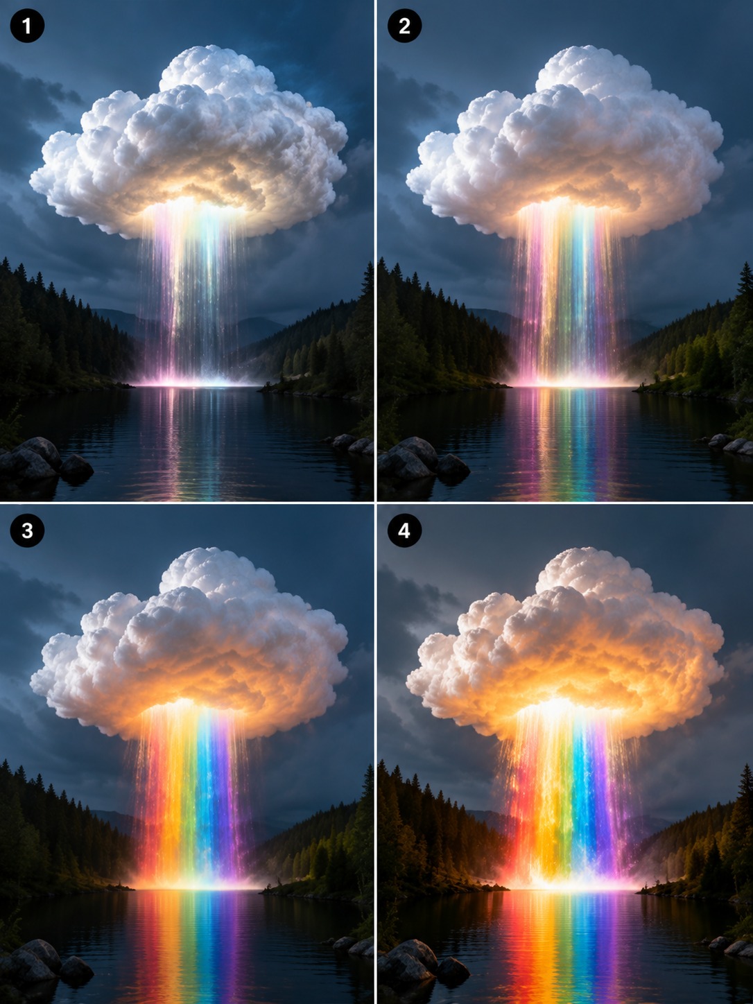 AI Video Prompt: Magical Rainbow Cloud Waterfall Over a Forest Lake…