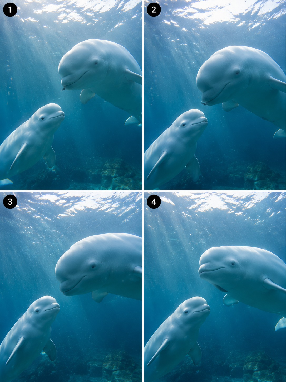 Realistic Underwater Beluga Whale Interaction With Baby Whale Cinematic Ocean Scene AI video prompt
