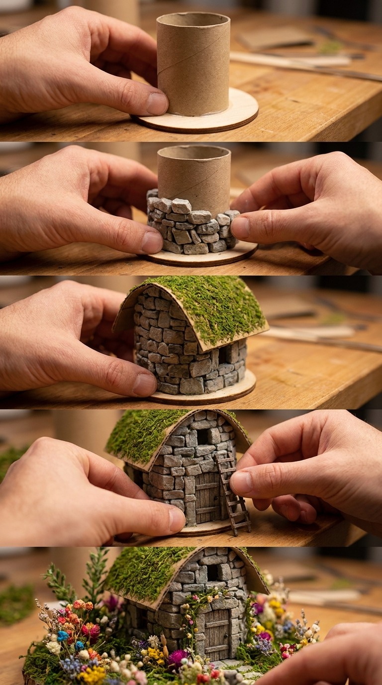 Miniature Moss Cottage Build AI video prompt