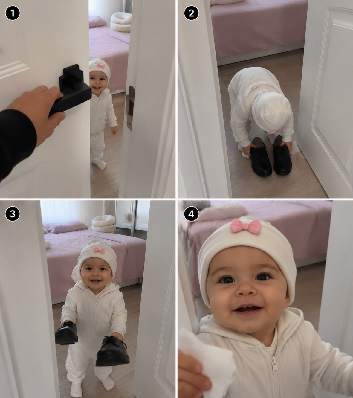 Cute Baby Helping Parent With Shoes and Tissue in Realistic Home POV Video AI video prompt