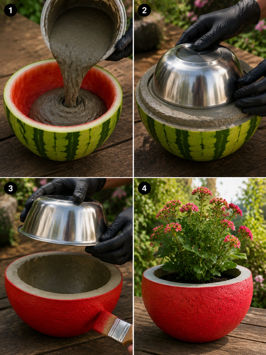 DIY Watermelon Concrete Planter Creation With Garden Flower Reveal AI video prompt