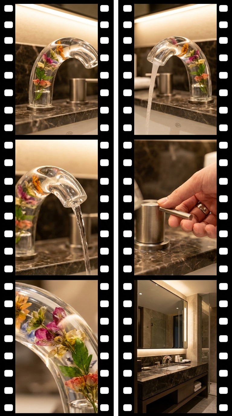 AI Video Prompt: Floral Glass Faucet