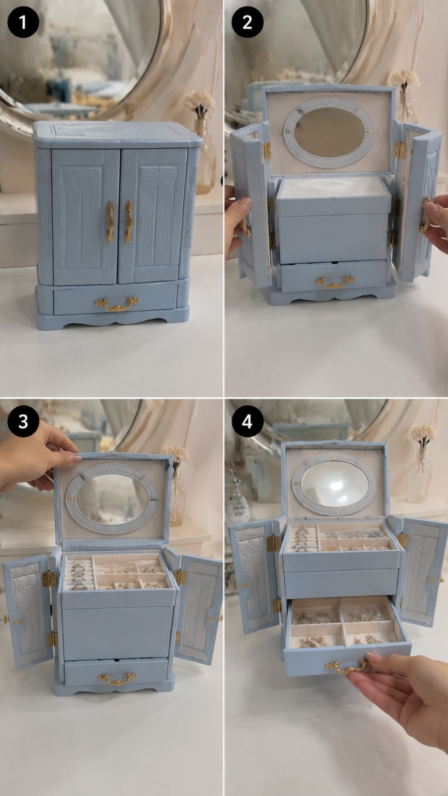 Luxury Mini Jewelry Cabinet Opening and Storage Reveal AI video prompt
