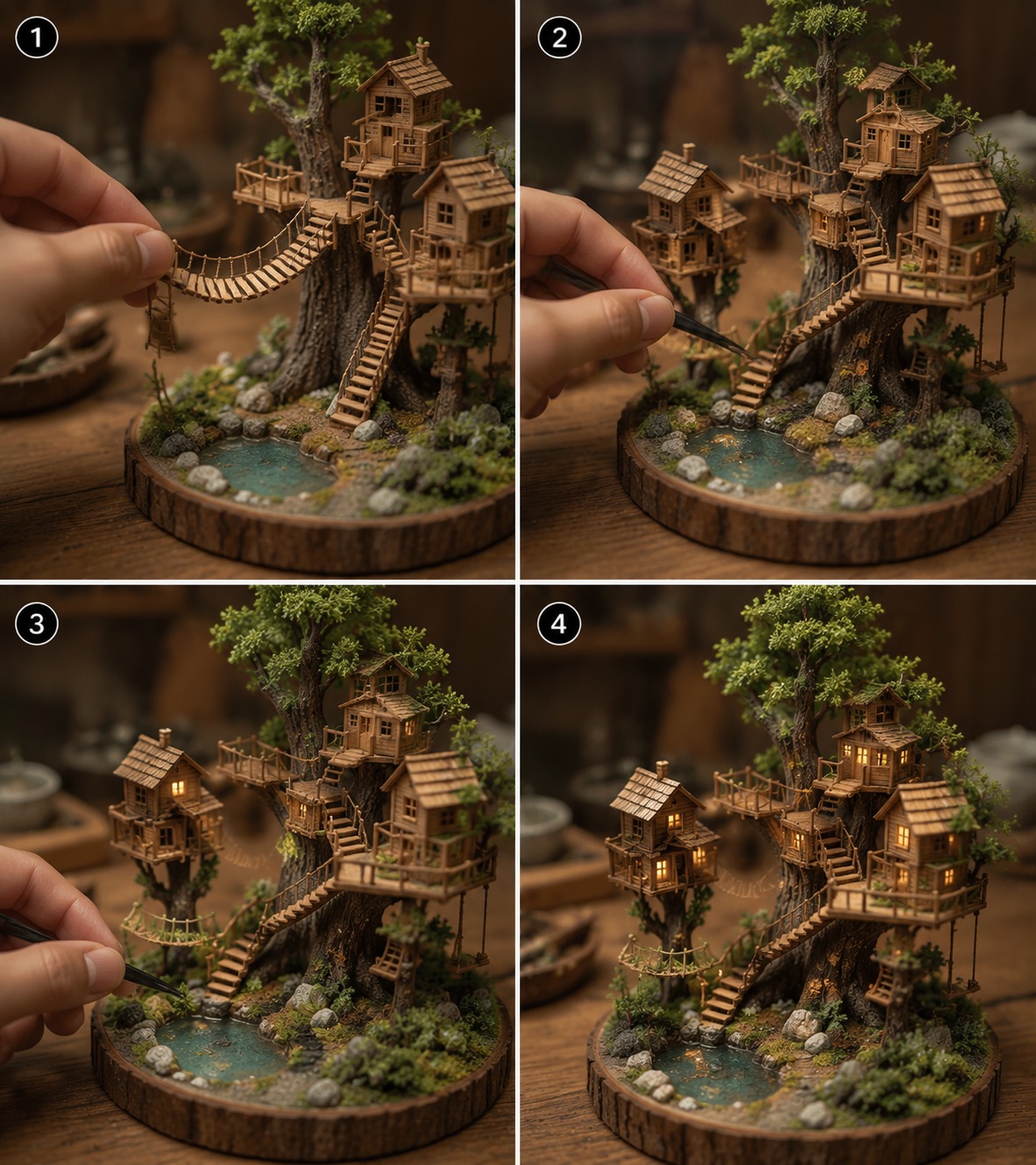AI Video Prompt: Miniature Treehouse Village Building with Wooden…