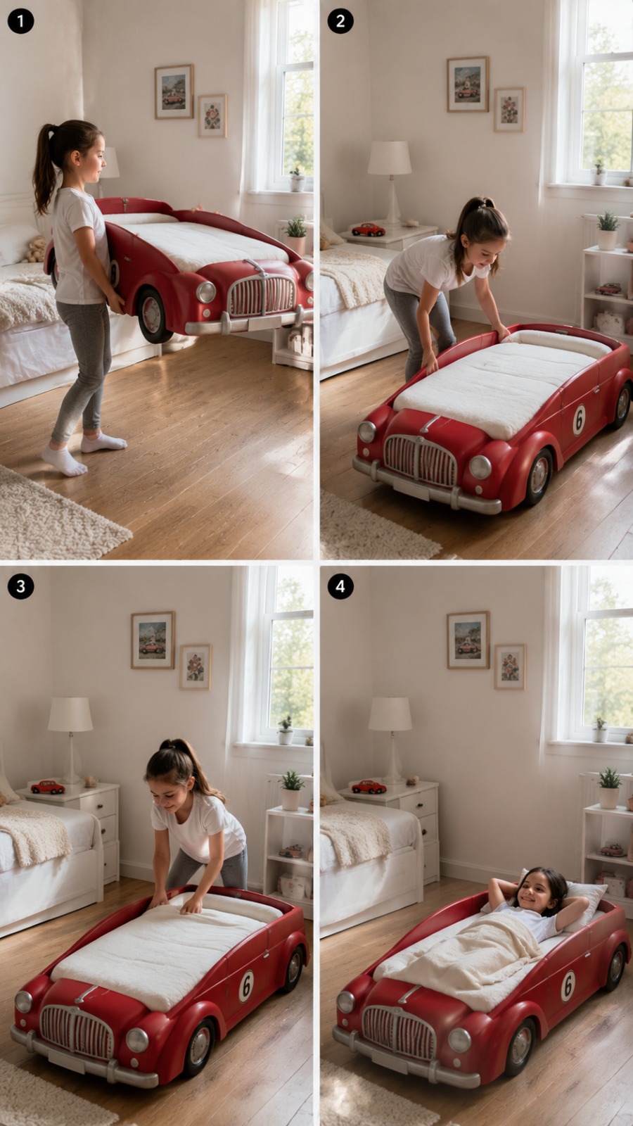 Luxury Car Bed Transformation for a Child’s Bedroom AI video prompt