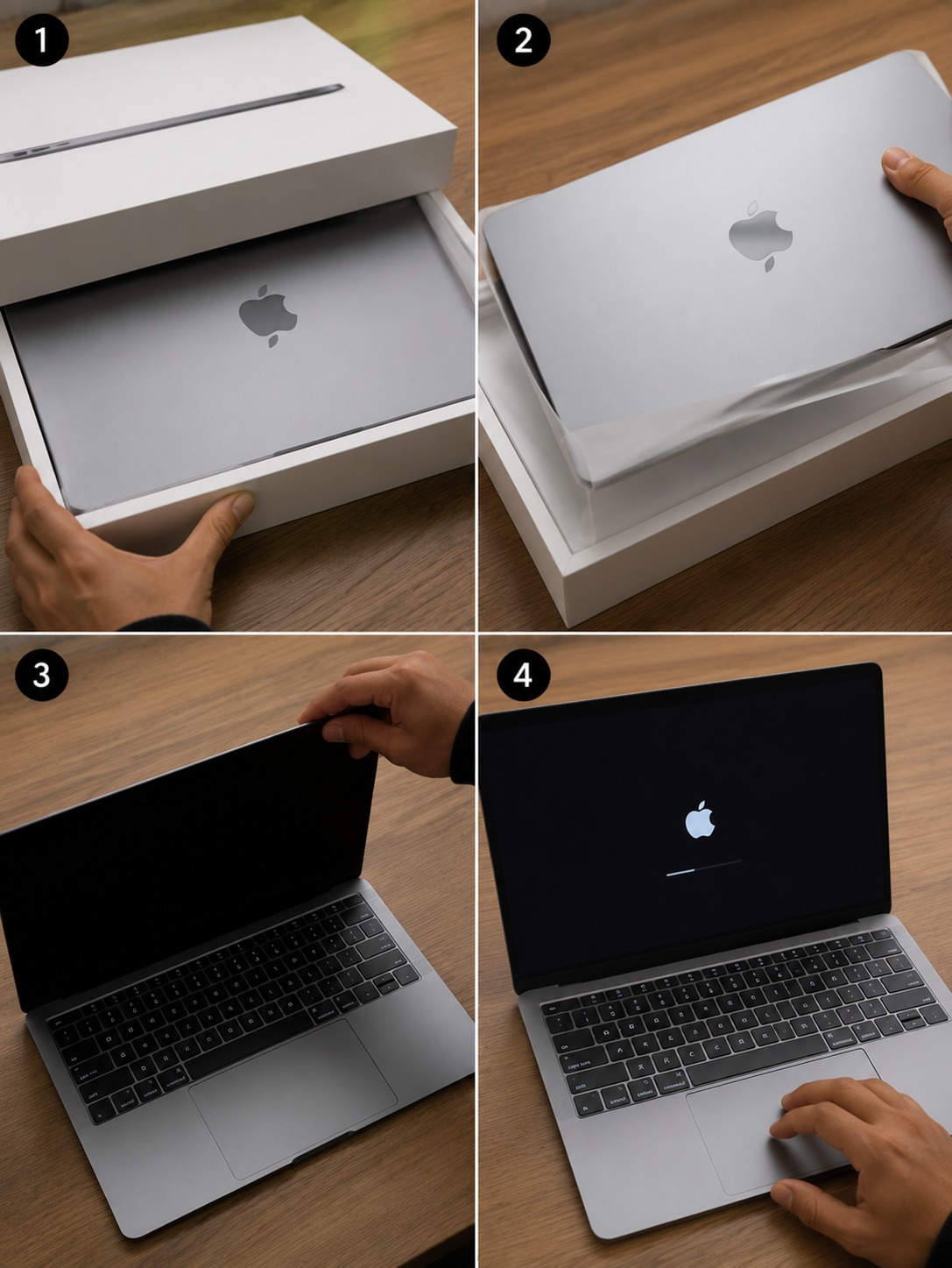 Realistic MacBook Unboxing and First Setup Desk Experience AI video prompt