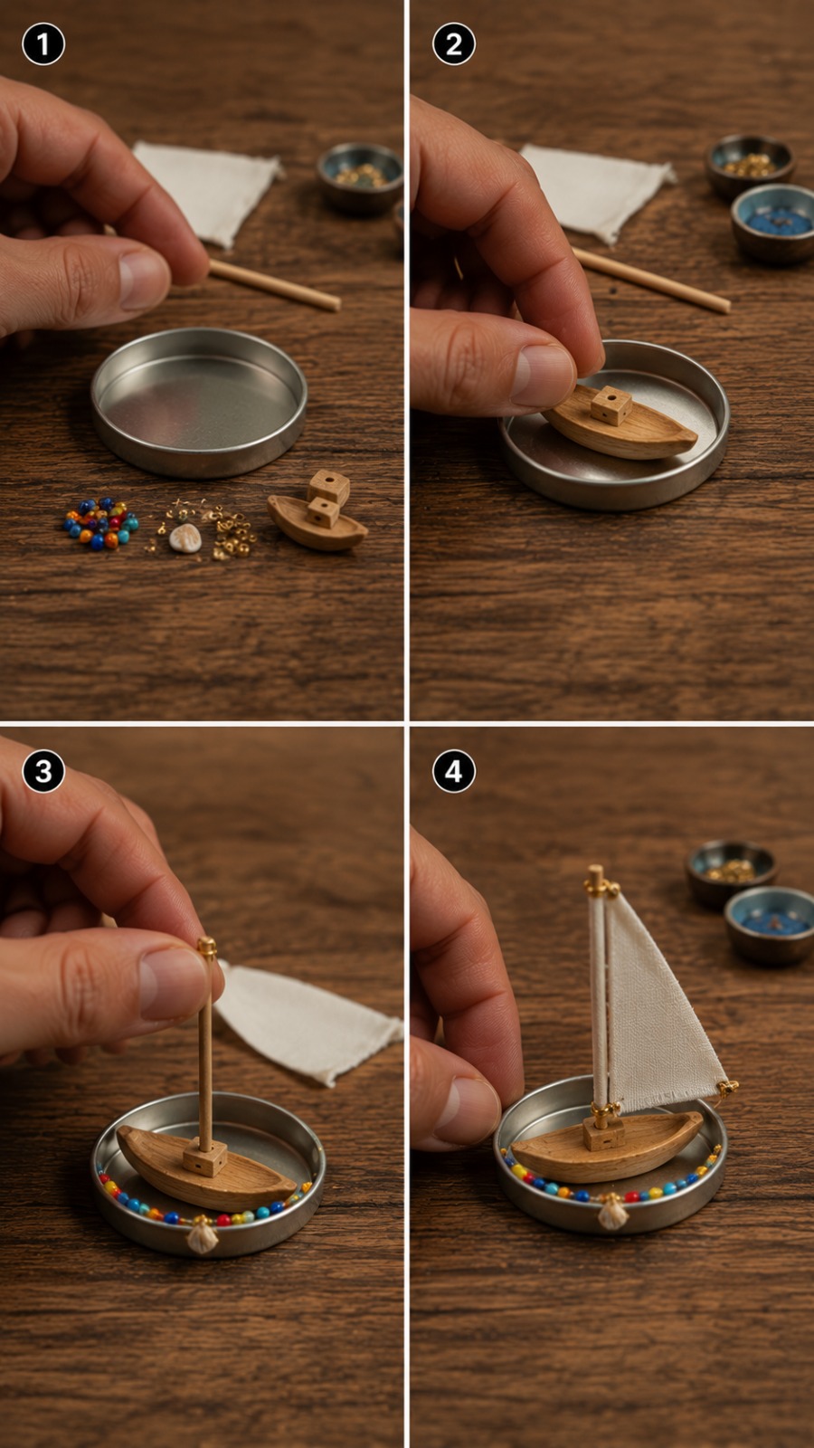 Miniature Handmade Sailboat Creation Using Bottle Caps and Tiny Craft Materials AI video prompt