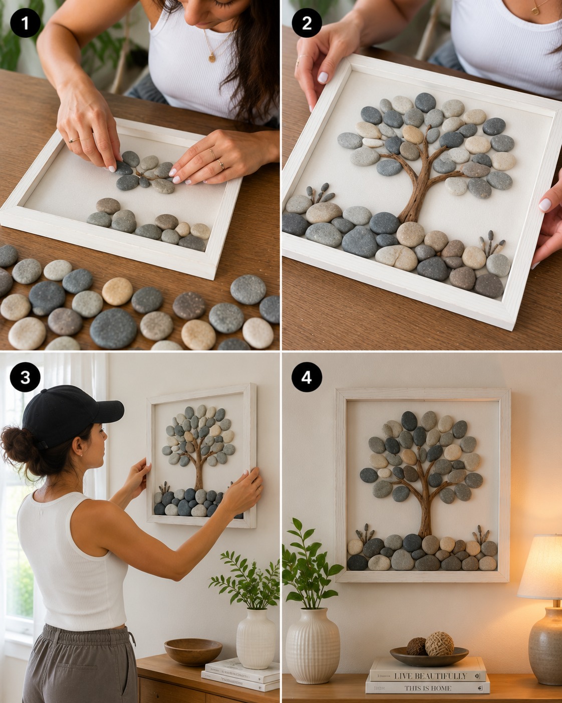 AI Video Prompt: Realistic Pebble Wall Art DIY Transformation With…