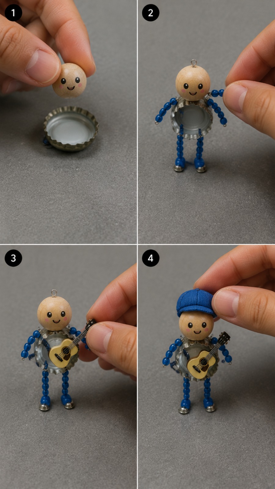 Tiny Wooden Bead Musician Keychain Craft Transformation AI video prompt