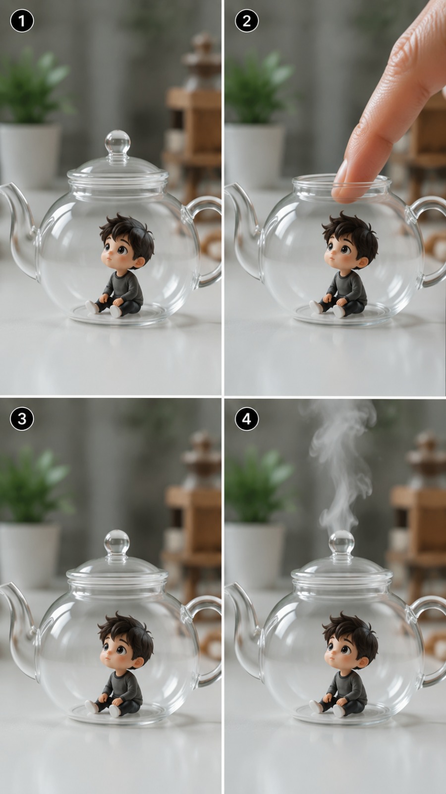 AI Video Prompt: Tiny Man Living Inside a Glass Teapot With Steam…