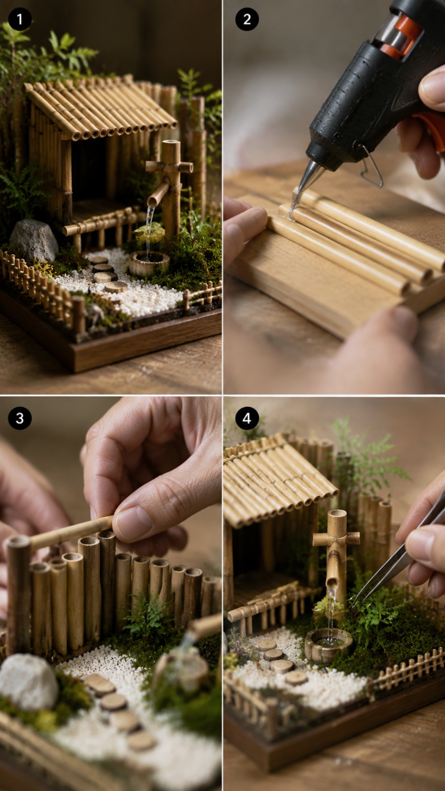 Miniature Bamboo Garden House Construction with Zen Landscape Design AI video prompt