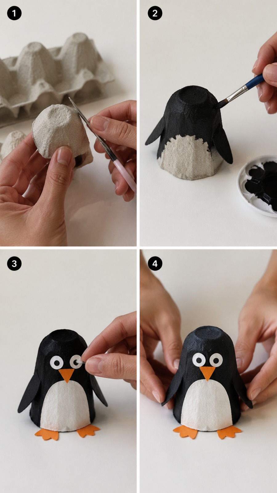 Handmade Miniature Penguin Craft Creation from Recycled Egg Carton AI video prompt
