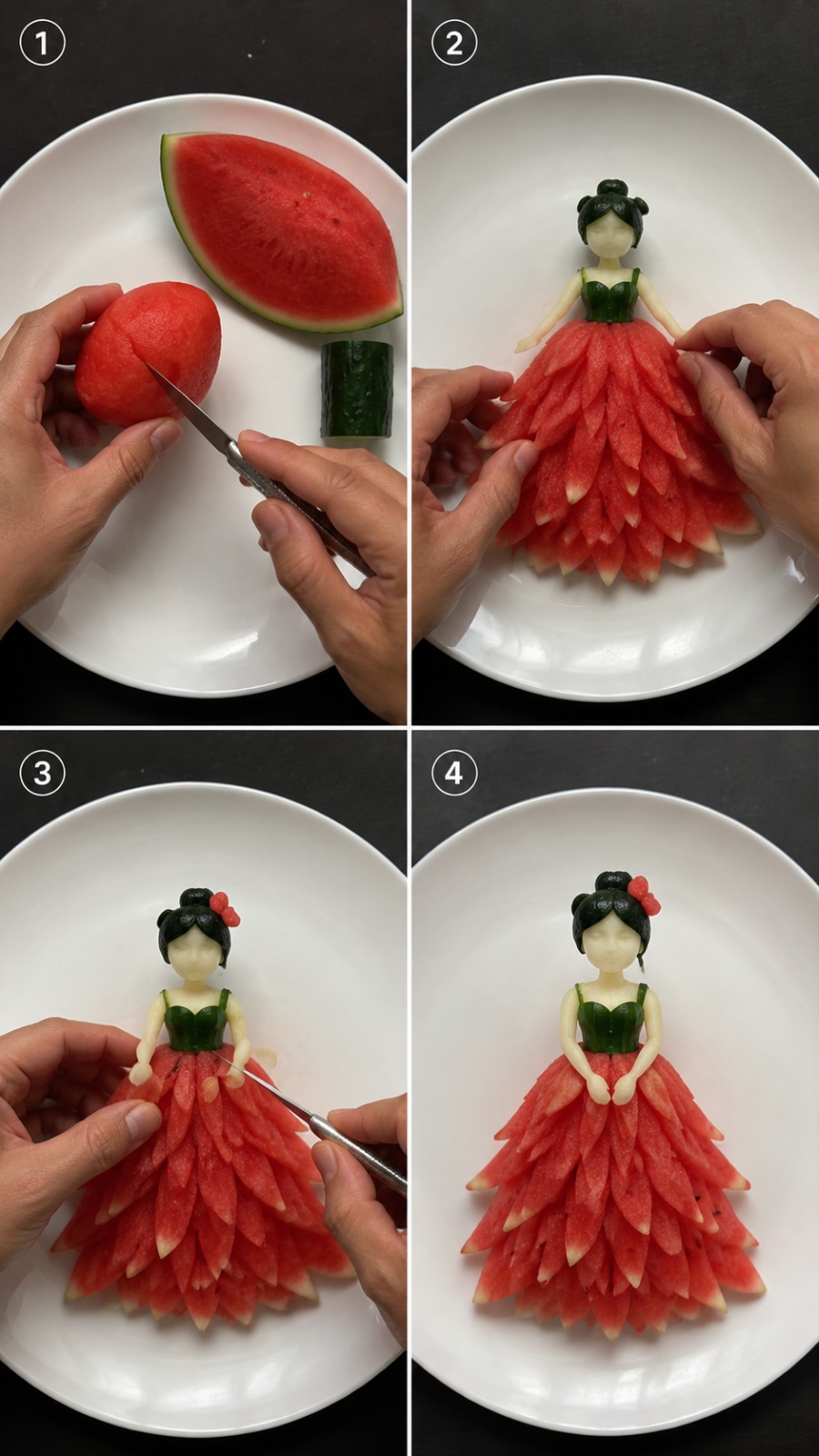 Watermelon Fruit Fashion Doll Creation Using Real Food Carving Art AI video prompt