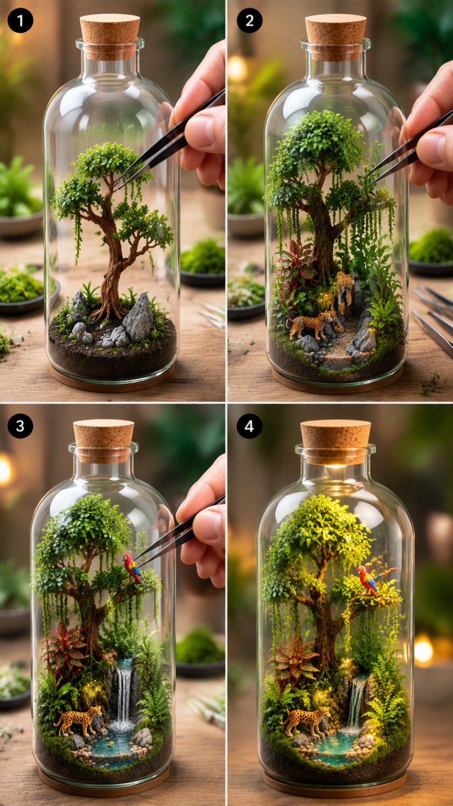 Miniature Jungle Terrarium Bottle Craft Transformation With Clay Animals AI video prompt