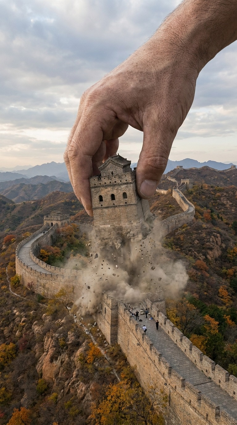 Giant Hand Builds Great Wall AI video prompt