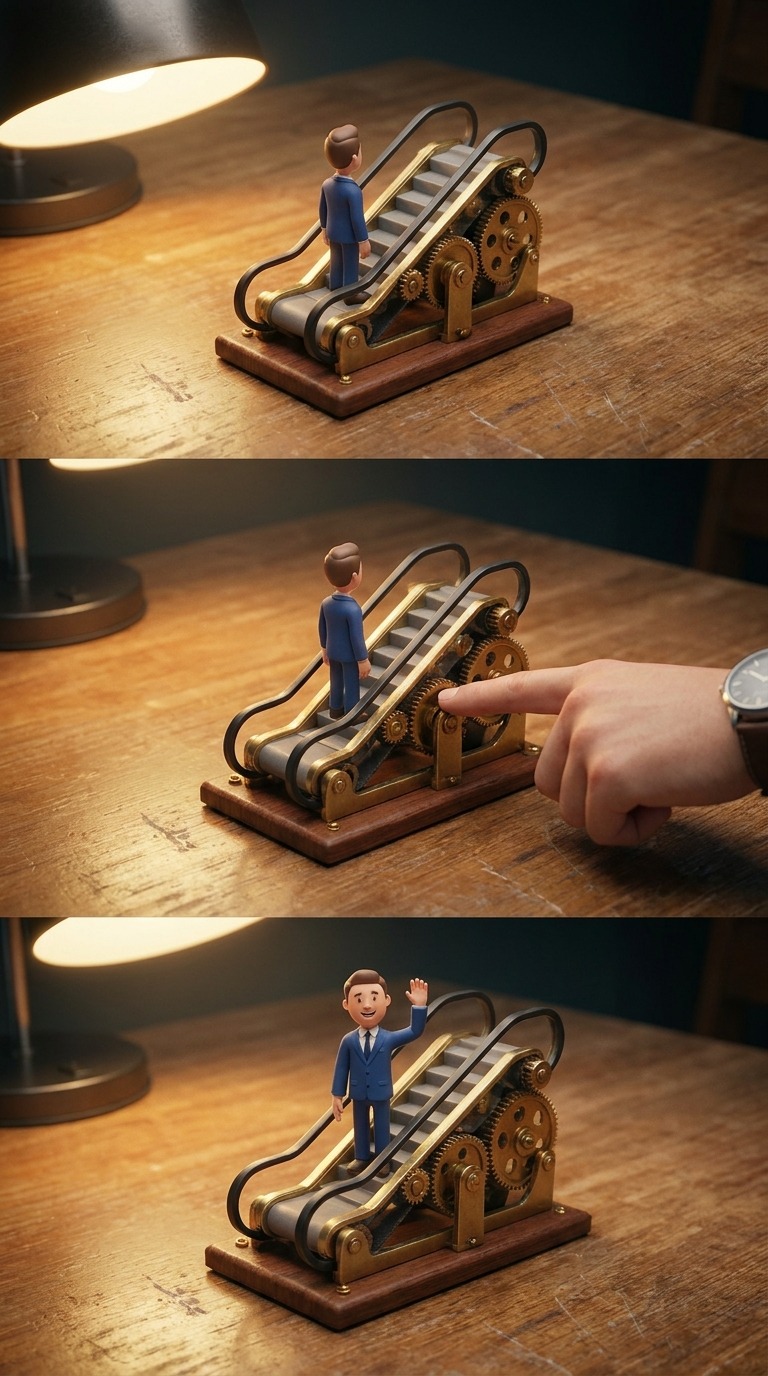 AI Video Prompt: Mini Escalator Character