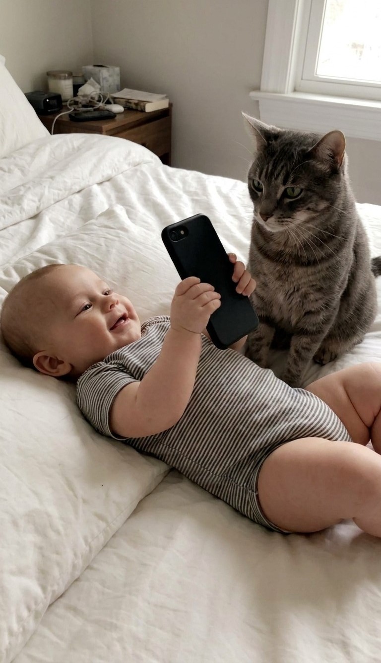 AI Video Prompt: Baby and Cat Bed Moment