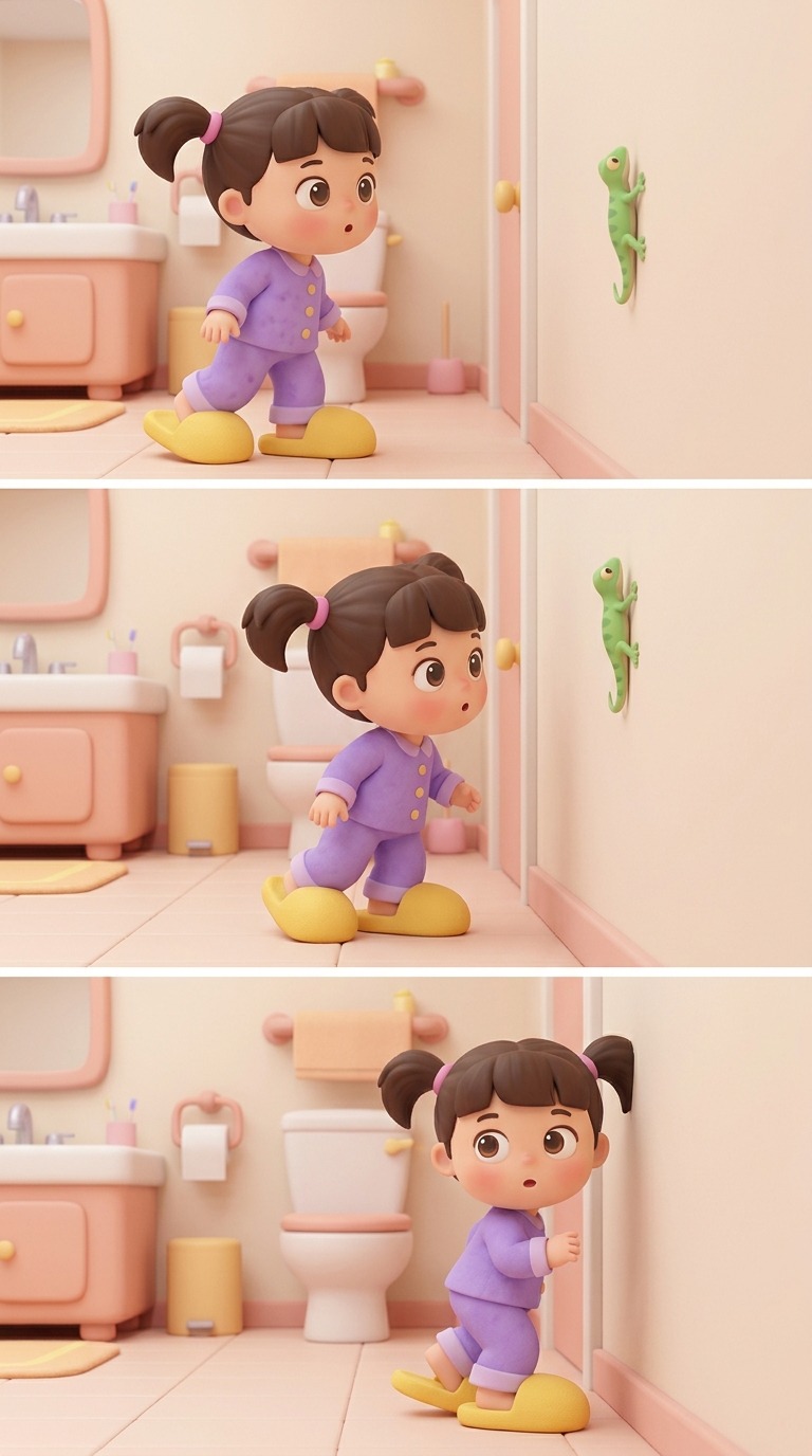 Girl vs Gecko Bathroom Scene AI video prompt