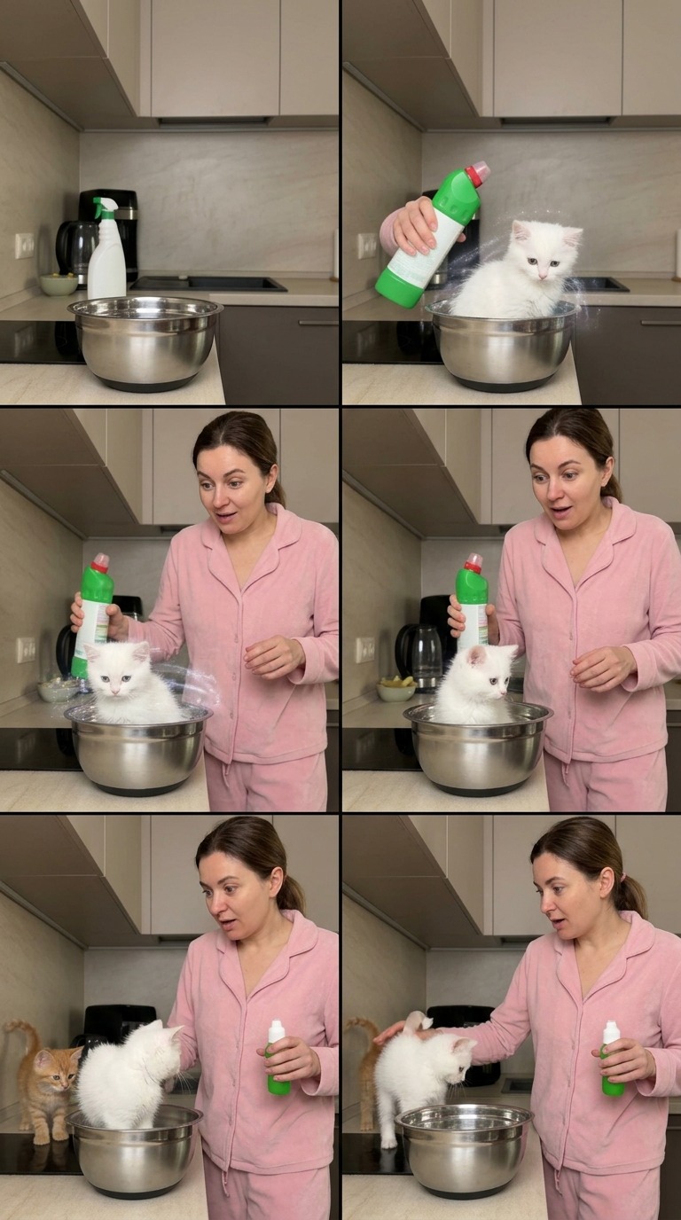Realistic Woman Cooking with Magical Tiny Kitten Appearing in a Kitchen Bowl AI video prompt