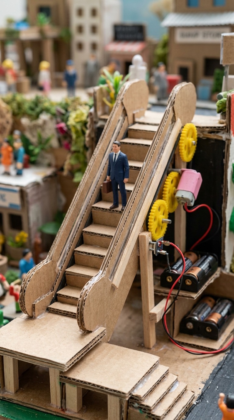 Miniature Cardboard Escalator With Animated Businessman Character AI video prompt