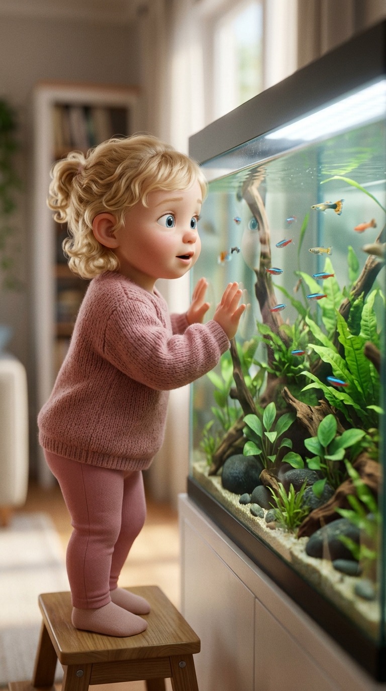 AI Video Prompt: Cute 3D Toddler Feeding Fish in a Magical Aquarium…