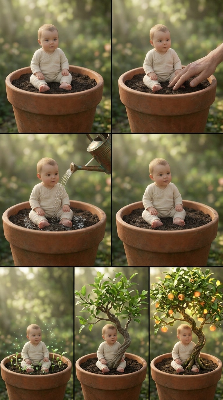 Baby Growing Into a Fruit Tree in a Magical Plant Pot Transformation AI video prompt