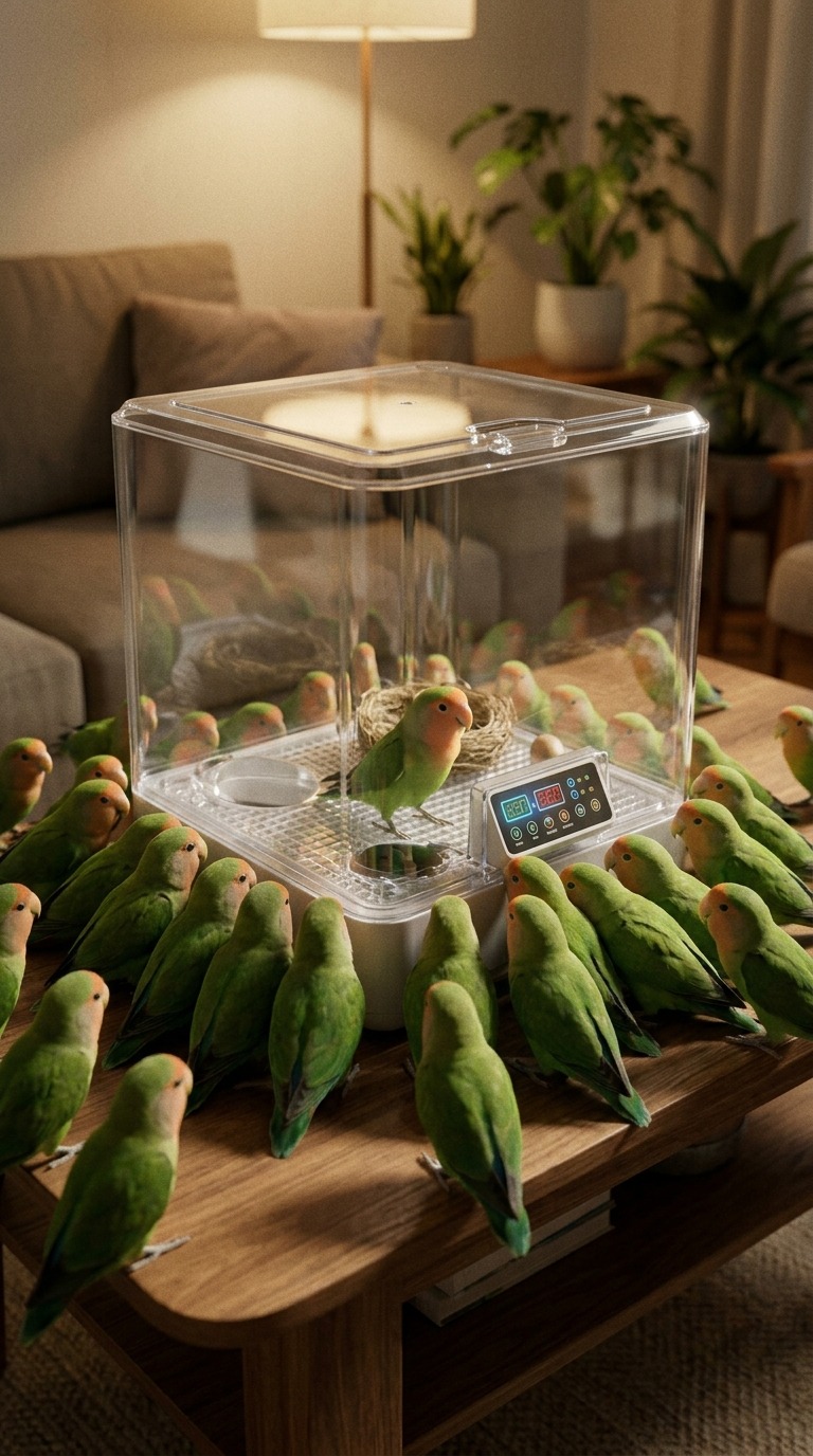 Cute Green Lovebirds Inside a Smart Mini Incubator Surprise Reveal AI video prompt