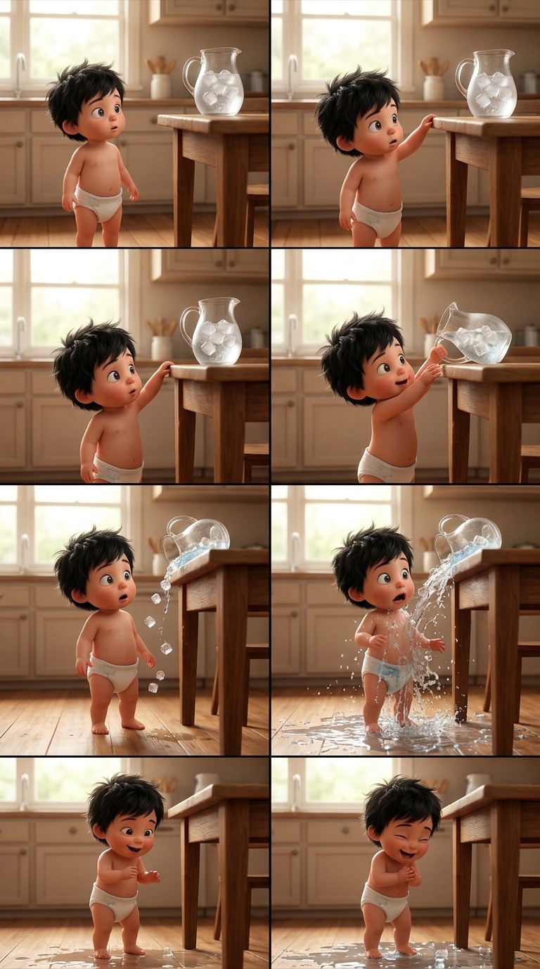 Cute Baby Accidentally Spills Ice Water Jug AI video prompt