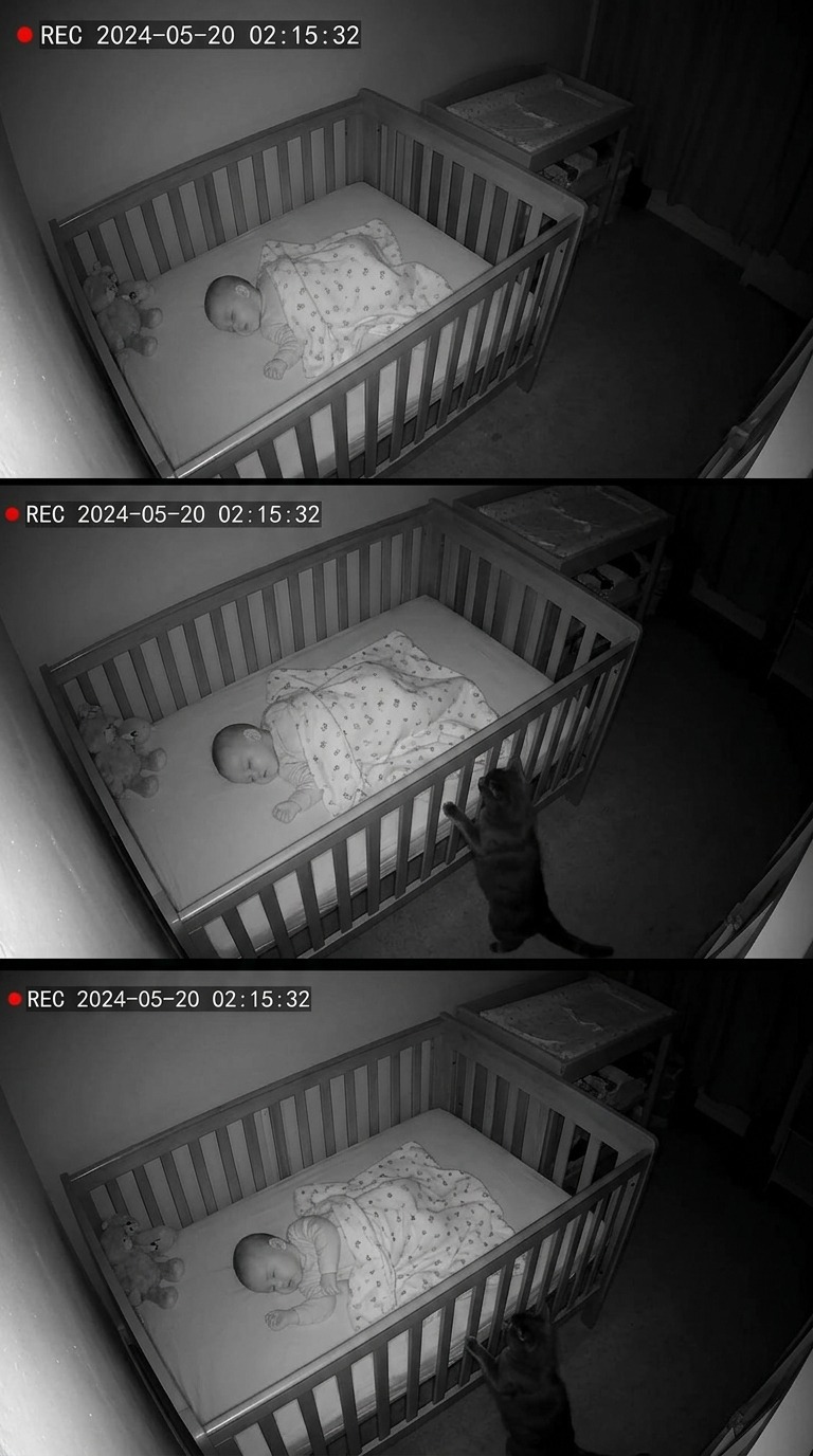 Night Vision Baby Crib Rescue Scene with Black Cat Interaction AI video prompt