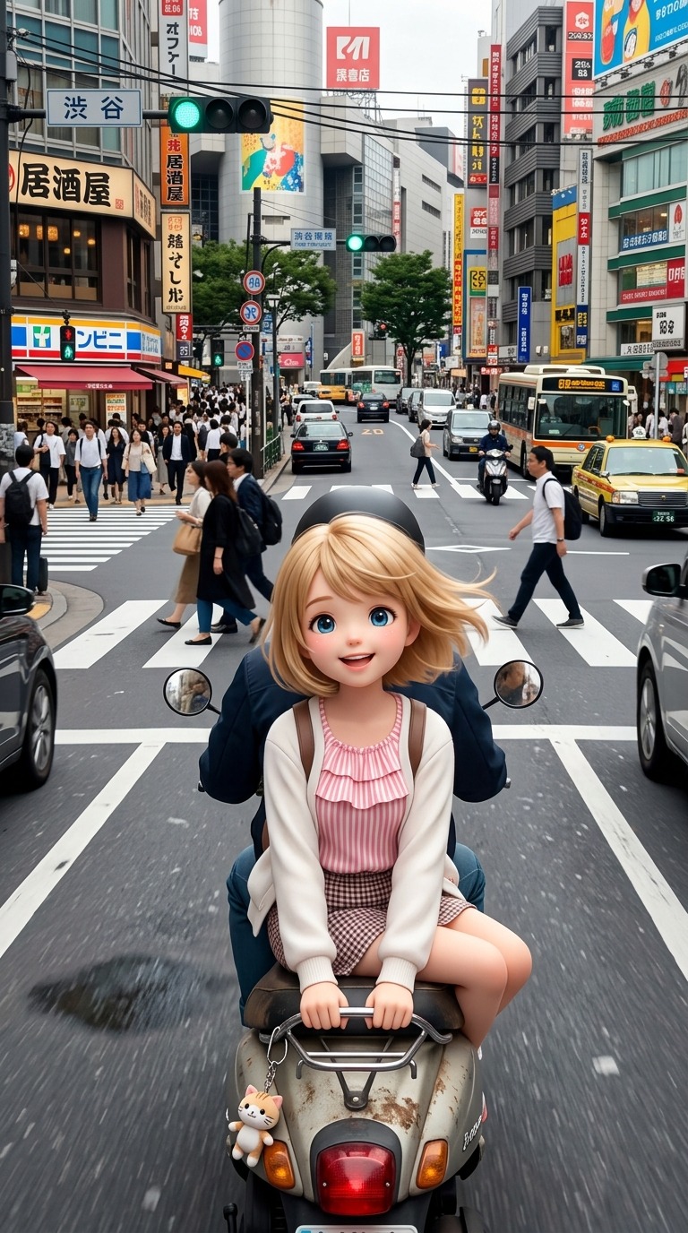 Realistic Doll Girl Riding a Scooter in Busy City Street POV Video AI video prompt